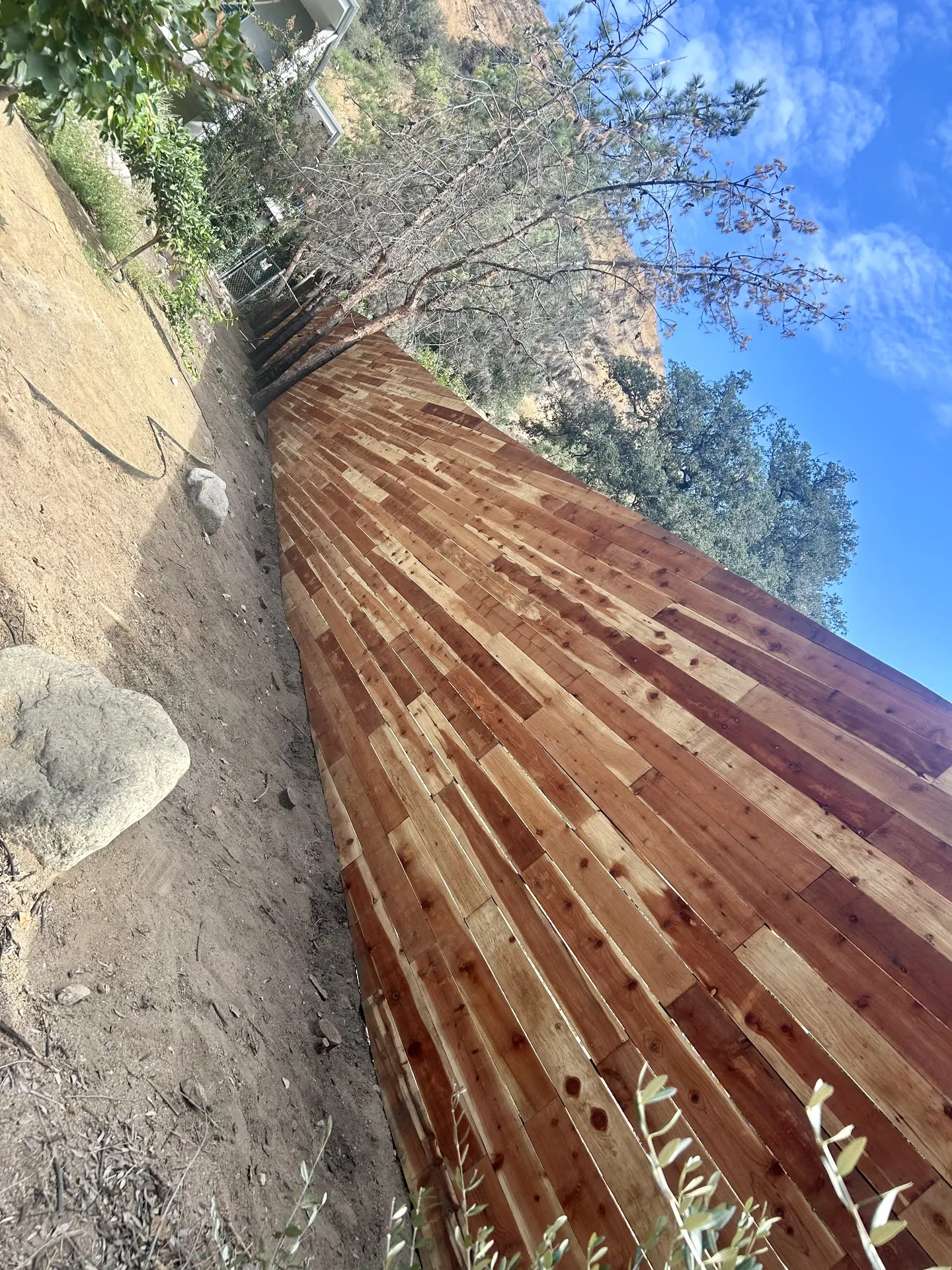 Completed horizontal cedar fence in backyard
