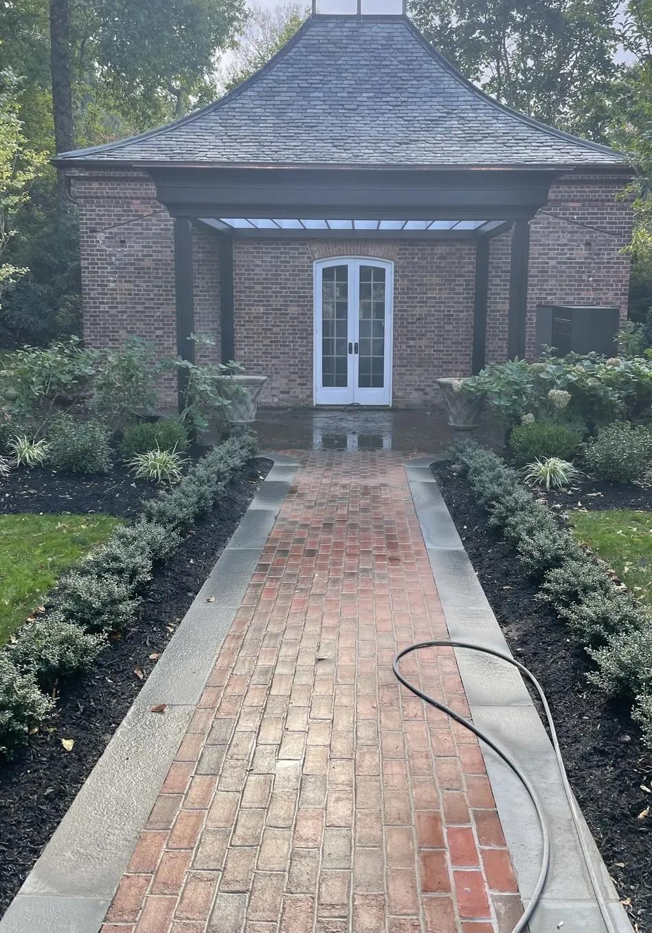 Completed brick walkway side angle