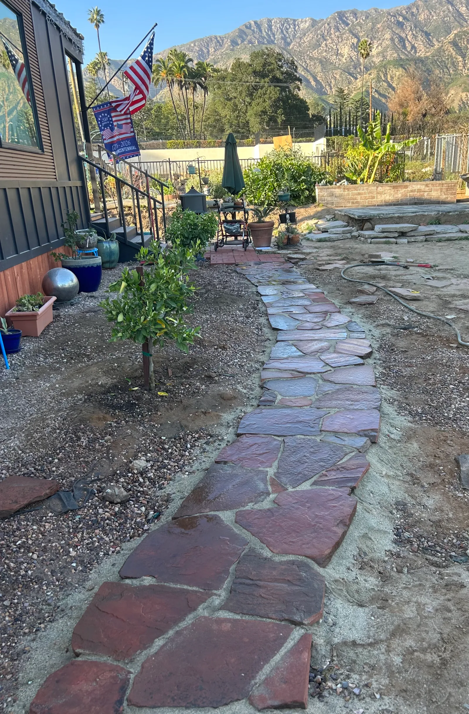 Flagstone walkway with San Gabriel Mountain views