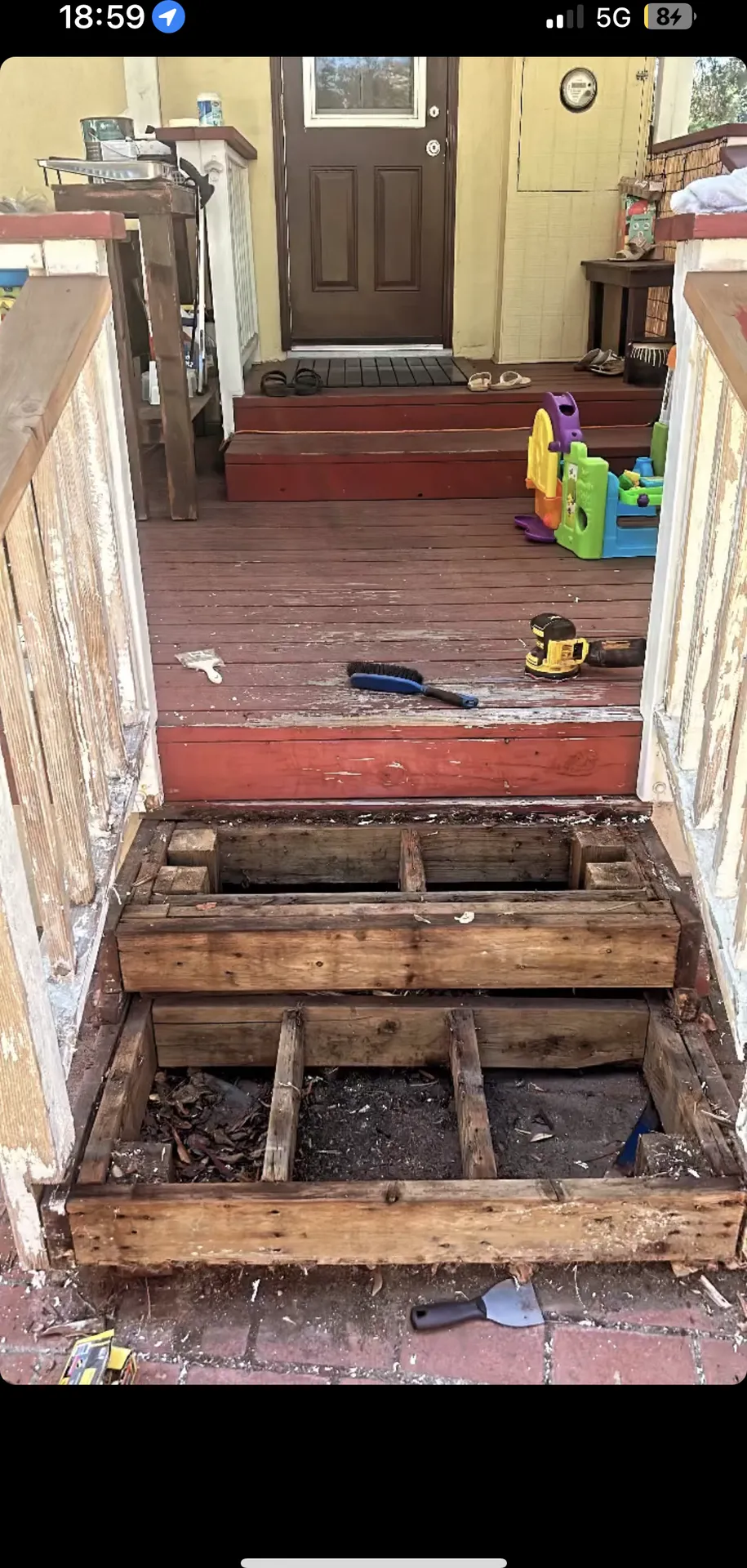 Decking removed exposing framing during porch rebuild